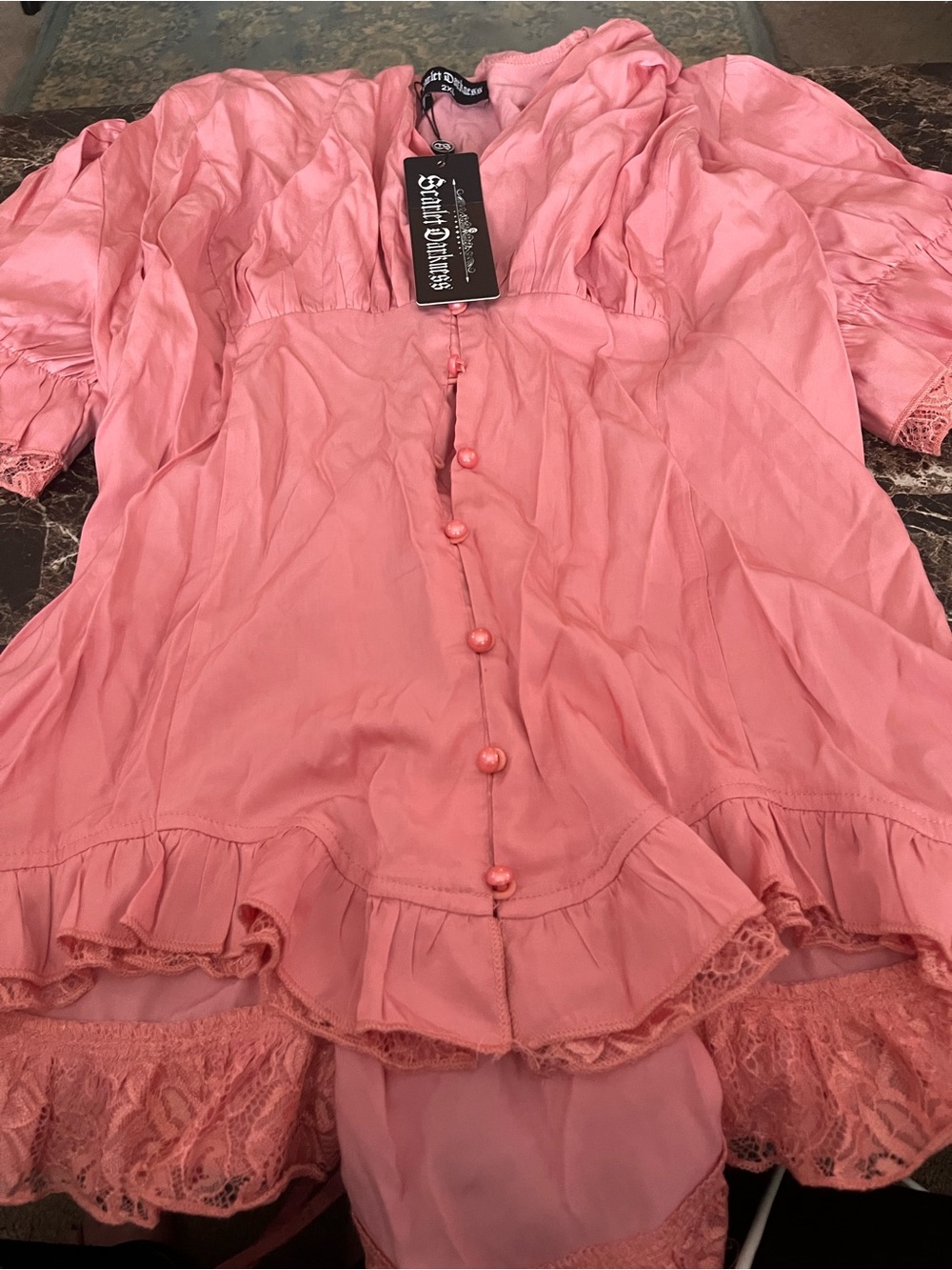 Scarlet Darkness Pink Ruffle Lace Button-Front Blouse - Picture 5 of 13